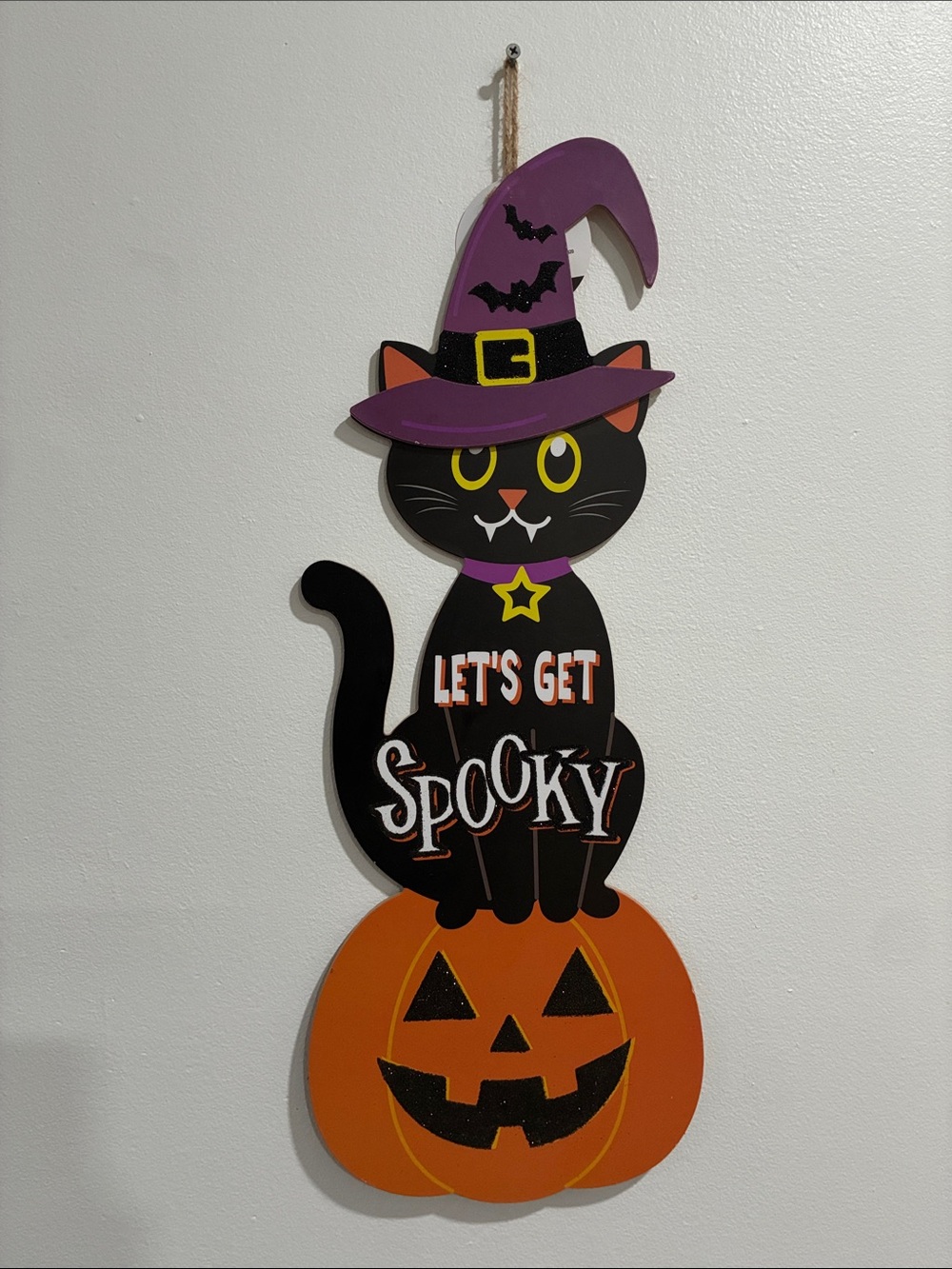NWT- 24”- Glittered- Black Cat Witch- Let’s Get Spooky- Halloween Decor Sign